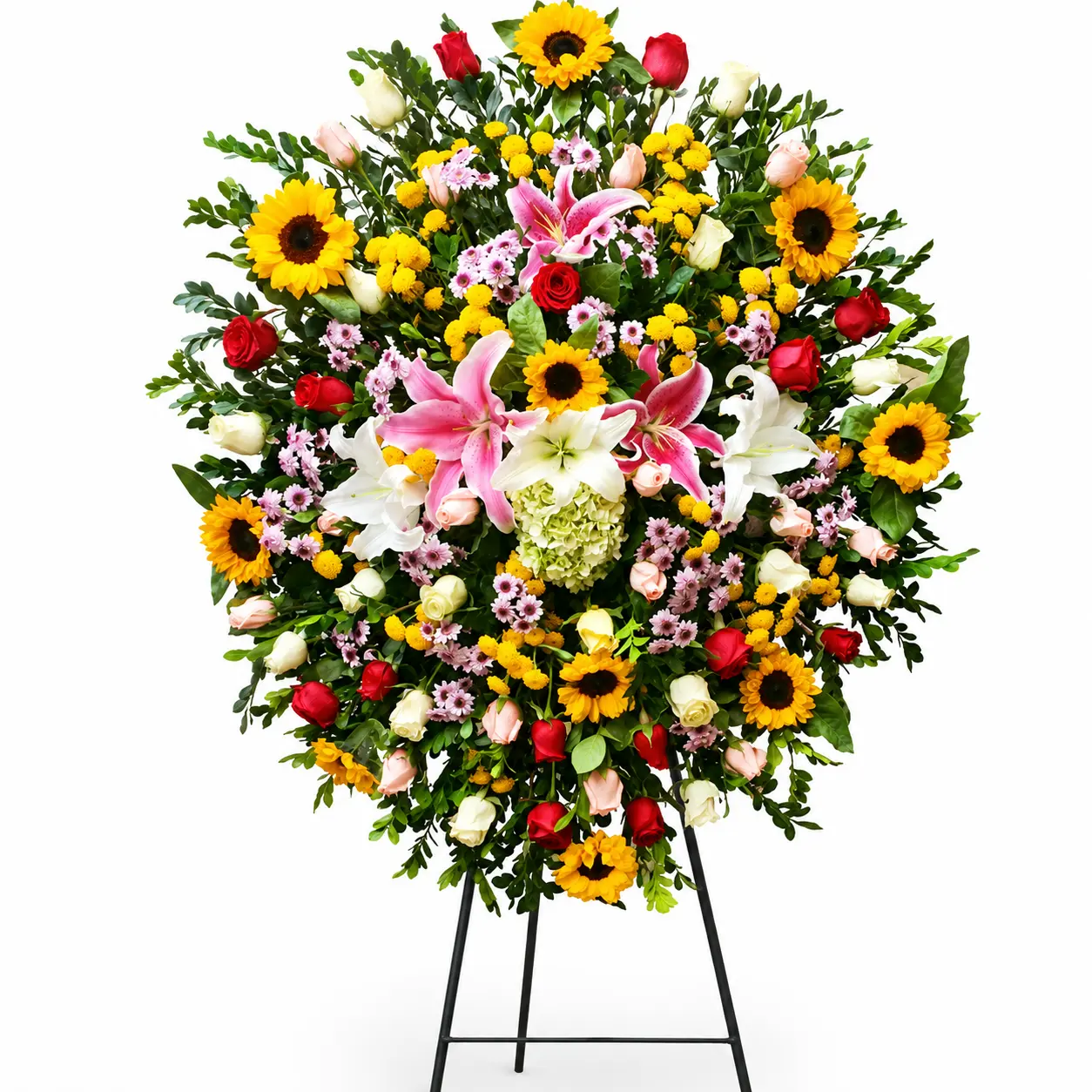 Arreglo floral de condolencias con rosas de diferentes colores girasoles y lirios para velorios elegante y respetuoso con delivery en Lima